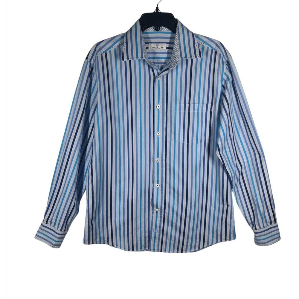 Bugatchi‎ Uomo Shirt Men's Large Blue & White Striped Long Sleeve Button-Up